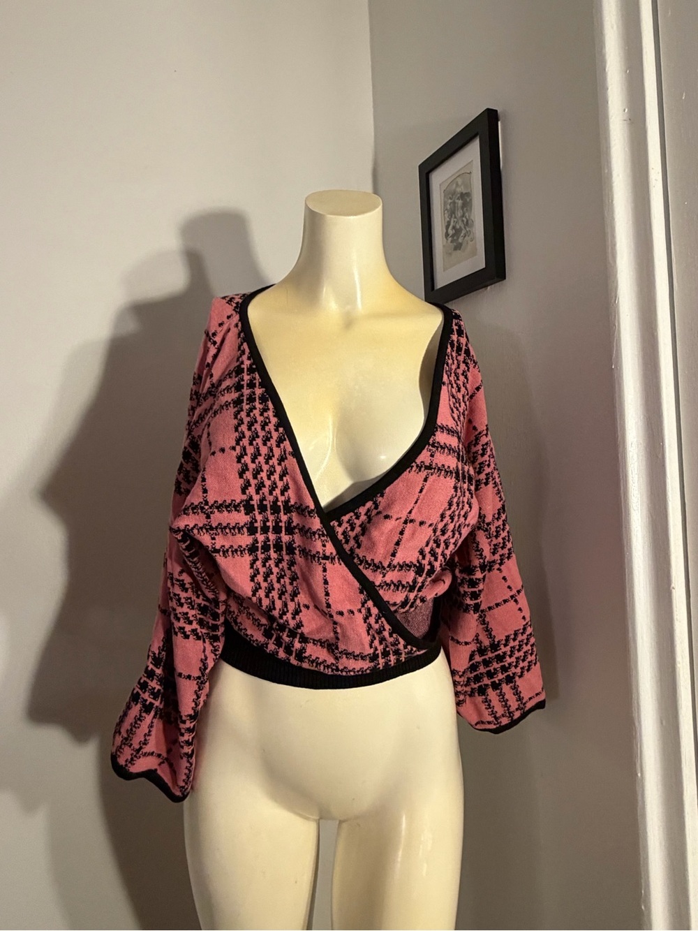 7th Avenue Design Studio Sz Small Pink Black Plaid Wrap Cardigan Top Long Sleeve